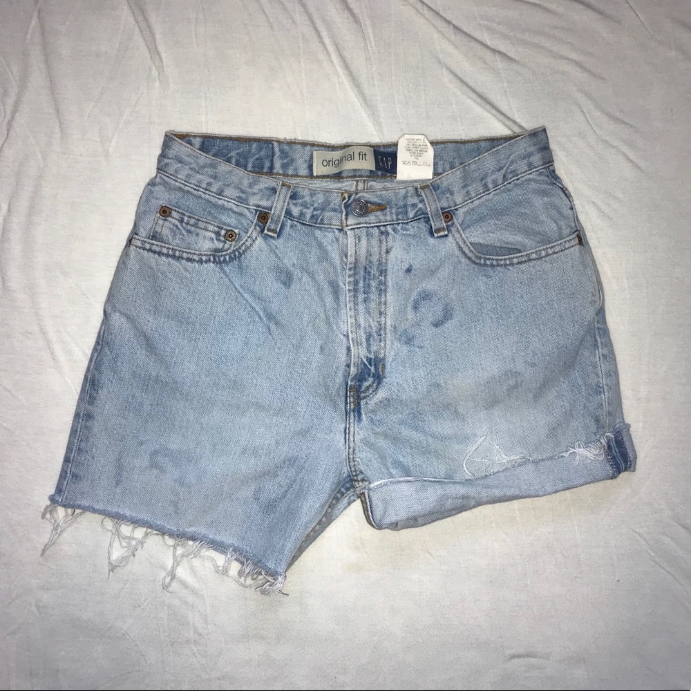 Distressed high rise denim shorts